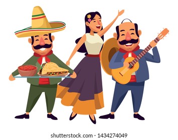 mexican food and tradicional culture with a mariachis woman singing with roses in her hair, man with mexican hat, moustache and guitar and man with moustache and mexican hat holding a tray with mole