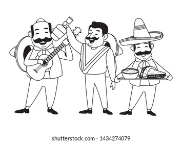 mexican food and tradicional culture with a mariachis man with mexican hat, moustache and guitar, man with mexican hat, moustache and tequila bottle and man with moustache and mexican hat holding a