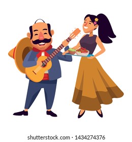 mexican food and tradicional culture with a mariachis man with mexican hat, moustache and guitar and woman holding a tray with chili, beans and guacamole avatar cartoon character portrait vector