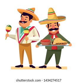 mexican food and tradicional culture with a mariachis man with mexican hat, moustache and maracas and man with moustache and mexican hat holding a tray with mole sauce and taco avatar cartoon