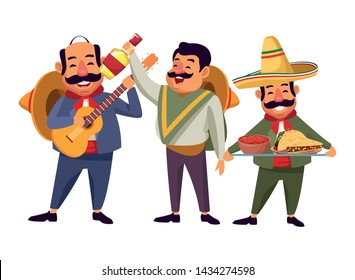 mexican food and tradicional culture with a mariachis man with mexican hat, moustache and guitar, man with mexican hat, moustache and tequila bottle and man with moustache and mexican hat holding a