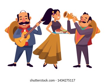 mexican food and tradicional culture with a mariachis man with mexican hat, moustache and guitar, man with mexican hat, moustache and trumpet and woman holding a tray with chili, beans and guacamole