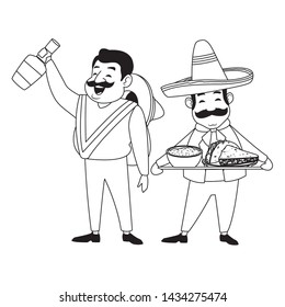 mexican food and tradicional culture with a mariachis man with mexican hat, moustache and tequila bottle and man with moustache and mexican hat holding a tray with mole sauce and taco avatar cartoon