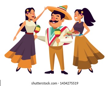 mexican food and tradicional culture with a mariachis woman singing with roses in her hair, man with mexican hat, moustache and maracas and woman holding a tray with chili, beans and guacamole avatar