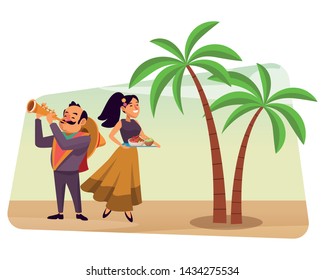 mexican food and tradicional culture with a mariachis man with mexican hat, moustache and trumpet and woman holding a tray with chili, beans and guacamole over the sand with palms profile picture