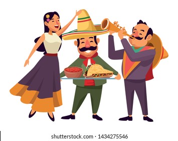 mexican food and tradicional culture with a mariachis woman singing with roses in her hair, man with mexican hat, moustache and trumpet and man with moustache and mexican hat holding a tray with mole