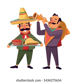 mexican food and tradicional culture with a mariachis man with mexican hat, moustache and trumpet and man with moustache and mexican hat holding a tray with mole sauce and taco avatar cartoon