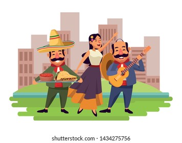 mexican food and tradicional culture with a mariachis woman singing with roses in her hair, man with mexican hat, moustache and guitar and man with moustache and mexican hat holding a tray with mole