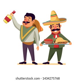 mexican food and tradicional culture with a mariachis man with mexican hat, moustache and tequila bottle and man with moustache and mexican hat holding a tray with mole sauce and taco avatar cartoon