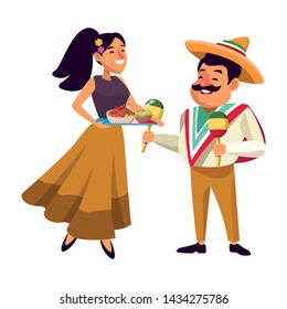 mexican food and tradicional culture with a mariachis man with mexican hat, moustache and maracas and woman holding a tray with chili, beans and guacamole avatar cartoon character portrait vector