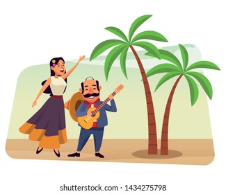 mexican food and tradicional culture with a mariachis woman singing with roses in her hair and man with mexican hat, moustache and guitar over the sand with palms profile picture avatar cartoon