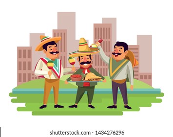 mexican food and tradicional culture with a mariachis man with mexican hat, moustache and maracas, man with mexican hat, moustache and tequila bottle and man with moustache and mexican hat holding a