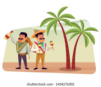 mexican food and tradicional culture with a mariachis man with mexican hat, moustache and maracas and man with mexican hat, moustache and tequila bottle over the sand with palms profile picture avatar