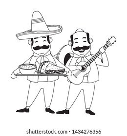 mexican food and tradicional culture with a mariachis man with mexican hat, moustache and guitar and man with moustache and mexican hat holding a tray with mole sauce and taco avatar cartoon character