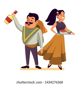 mexican food and tradicional culture with a mariachis man with mexican hat, moustache and tequila bottle and woman holding a tray with chili, beans and guacamole avatar cartoon character portrait