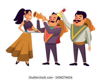 mexican food and tradicional culture with a mariachis man with mexican hat, moustache and trumpet, man with mexican hat, moustache and tequila bottle and woman holding a tray with chili, beans and