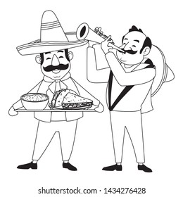 mexican food and tradicional culture with a mariachis man with mexican hat, moustache and trumpet and man with moustache and mexican hat holding a tray with mole sauce and taco avatar cartoon