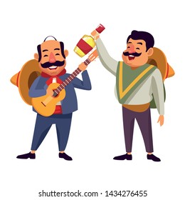 mexican food and tradicional culture with a mariachis man with mexican hat, moustache and guitar and man with mexican hat, moustache and tequila bottle avatar cartoon character portrait vector