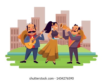 mexican food and tradicional culture with a mariachis man with mexican hat, moustache and guitar, man with mexican hat, moustache and trumpet and woman holding a tray with chili, beans and guacamole