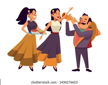 mexican food and tradicional culture with a mariachis woman singing with roses in her hair, man with mexican hat, moustache and trumpet and woman holding a tray with chili, beans and guacamole avatar