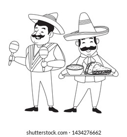 mexican food and tradicional culture with a mariachis man with mexican hat, moustache and maracas and man with moustache and mexican hat holding a tray with mole sauce and taco avatar cartoon