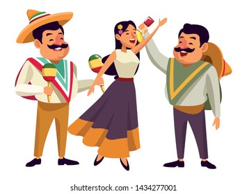 mexican food and tradicional culture with a mariachis woman singing with roses in her hair, man with mexican hat, moustache and maracas and man with mexican hat, moustache and tequila bottle avatar