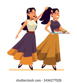 mexican food and tradicional culture with a mariachis woman singing with roses in her hair and woman holding a tray with chili, beans and guacamole avatar cartoon character portrait vector