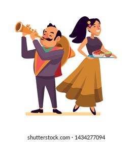 mexican food and tradicional culture with a mariachis man with mexican hat, moustache and trumpet and woman holding a tray with chili, beans and guacamole avatar cartoon character portrait vector