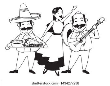 mexican food and tradicional culture with a mariachis woman singing with roses in her hair, man with mexican hat, moustache and guitar and man with moustache and mexican hat holding a tray with mole