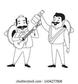 mexican food and tradicional culture with a mariachis man with mexican hat, moustache and guitar and man with mexican hat, moustache and tequila bottle avatar cartoon character portrait.