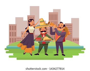 mexican food and tradicional culture with a mariachis woman singing with roses in her hair, man with mexican hat, moustache and trumpet and man with moustache and mexican hat holding a tray with mole sauce.