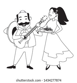 mexican food and tradicional culture with a mariachis man with mexican hat, moustache and guitar and woman holding a tray with chili, beans and guacamole avatar cartoon character portrait in black and