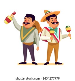 mexican food and tradicional culture with a mariachis man with mexican hat, moustache and maracas and man with mexican hat, moustache and tequila bottle avatar cartoon character portrait vector