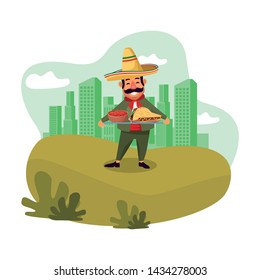 mexican food and tradicional culture with a mariachis man with moustache and mexican hat holding a tray with mole sauce and taco over the grass with cityscape, skyscraper and clouds vector