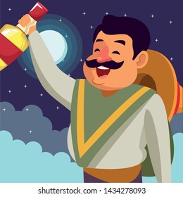 mexican food and tradicional culture with a mariachis man with mexican hat, moustache and tequila bottle closeup profile picture avatar cartoon character portrait at night with starry sky with clouds