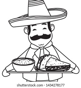 mexican food and tradicional culture with a mariachis man with mexican hat, moustache and maracas closeup avatar cartoon character portrait in black and white vector illustration graphic design