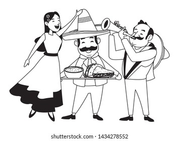 mexican food and tradicional culture with a mariachis woman singing with roses in her hair, man with mexican hat, moustache and trumpet and man with moustache and mexican hat holding a tray with mole