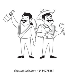 mexican food and tradicional culture with a mariachis man with mexican hat, moustache and maracas and man with mexican hat, moustache and tequila bottle avatar cartoon character portrait in black and