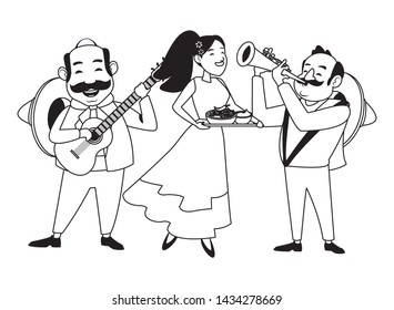 mexican food and tradicional culture with a mariachis man with mexican hat, moustache and guitar, man with mexican hat, moustache and trumpet and woman holding a tray with chili, beans and guacamole