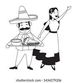 mexican food and tradicional culture with a mariachis man with mexican hat, moustache and maracas closeup avatar cartoon character portrait in black and white vector illustration graphic design