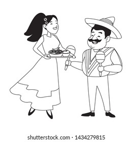 mexican food and tradicional culture with a mariachis man with mexican hat, moustache and maracas and woman holding a tray with chili, beans and guacamole avatar cartoon character portrait in black