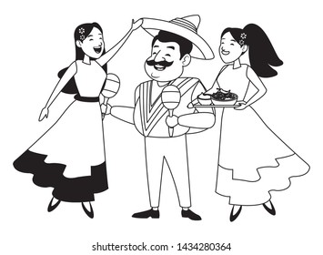 mexican food and tradicional culture with a mariachis woman singing with roses in her hair, man with mexican hat, moustache and maracas and woman holding a tray with chili, beans and guacamole avatar