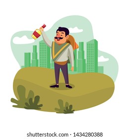 mexican food and tradicional culture with a mariachis man with mexican hat, moustache and tequila bottle over the grass with cityscape, skyscraper and clouds vector illustration graphic design