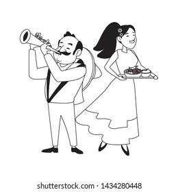 mexican food and tradicional culture with a mariachis man with mexican hat, moustache and trumpet and woman holding a tray with chili, beans and guacamole avatar cartoon character portrait in black