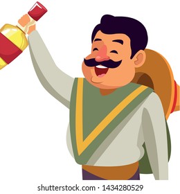 mexican food and tradicional culture with a mariachis man with mexican hat, moustache and tequila bottle closeup avatar cartoon character portrait vector illustration graphic design