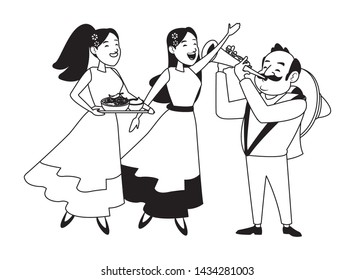 mexican food and tradicional culture with a mariachis woman singing with roses in her hair, man with mexican hat, moustache and trumpet and woman holding a tray with chili, beans and guacamole avatar