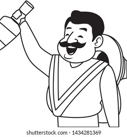 mexican food and tradicional culture with a mariachis man with mexican hat, moustache and tequila bottle closeup avatar cartoon character portrait in black and white vector illustration graphic design