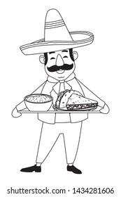 mexican food and tradicional culture with a mariachis man with mexican hat, moustache and maracas closeup avatar cartoon character portrait in black and white vector illustration graphic design