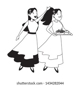 mexican food and tradicional culture with a mariachis woman singing with roses in her hair and woman holding a tray with chili, beans and guacamole avatar cartoon character portrait in black and white