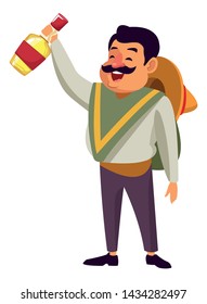 mexican food and tradicional culture with a mariachis man with mexican hat, moustache and tequila bottle avatar cartoon character portrait vector illustration graphic design